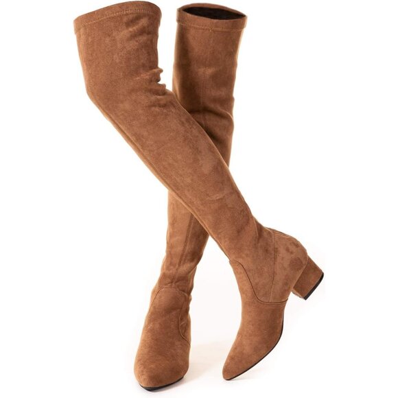 Women Brown 2 Inch Over the Knee Thigh High Suede Block Long Pointed toe Boots - Picture 1 of 7